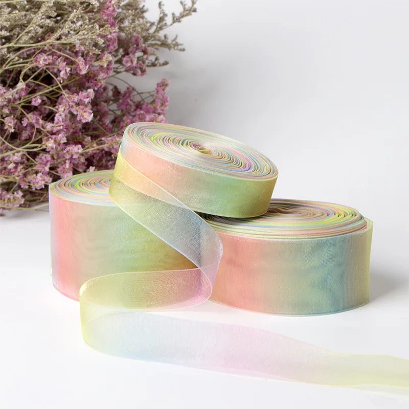 Rainbow ribbon 0.3-7.5cm thermal transfer colorful gradient transparent snow yarn ribbon