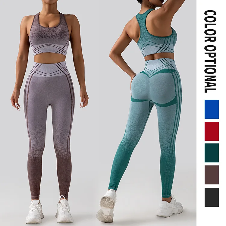 Wholesale 2023 New 2 Pcs Patterned Ombre Seamless Gym Wear Clothes for Women High Waist Leggings With Sports Bra Yoga Activewear