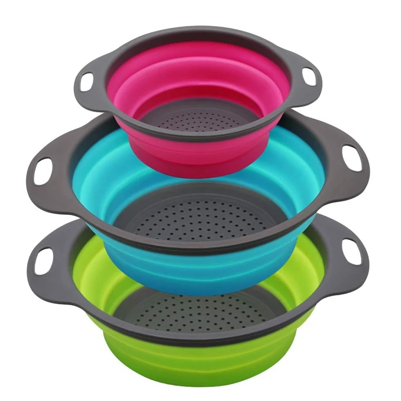 Fruit Vegetable Washing Basket Food Grade Silicone Kitchen Strainer Set Collapsible Colander Round Strainers Basket with Handle