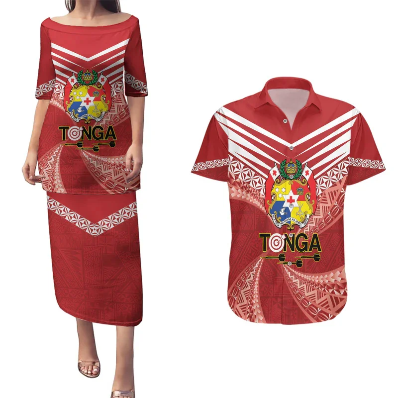 Tonga Darts Couples Matching Puletasi and Hawaiian Shirt Tongan Ngatu Pattern Custom 2PCS/Set Women Dress Factory Cheap Price