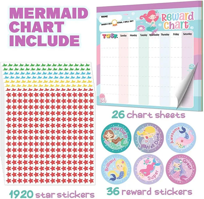 New Arrival Custom Cute mermaid 26 Sheets 1920 Stickers Motivate Good Habits Preschool children Behavior reward chart