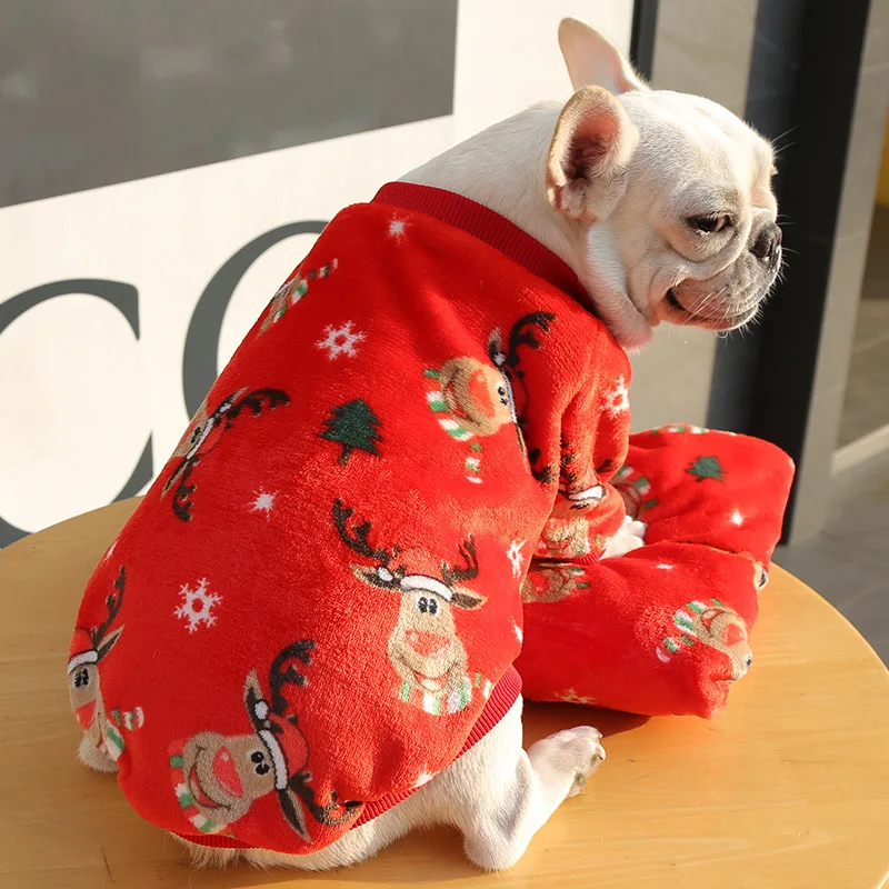 Wholesale Winter Plush Warm Leopard Print French Bulldog Dog Pajamas Clothes