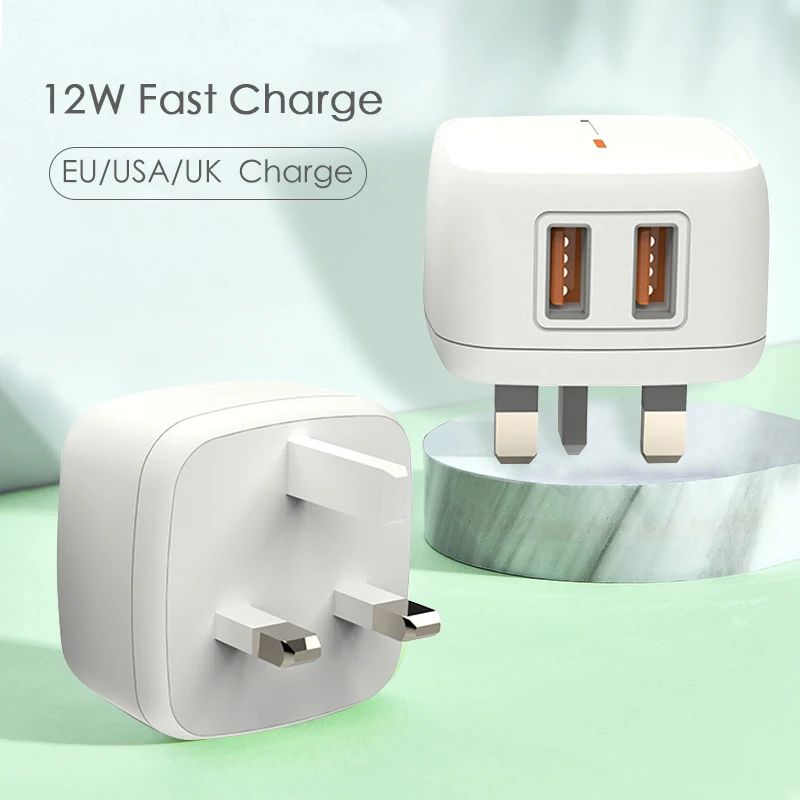 UK EU Plug 5V 2.4A Mobile Phone USB C Travel Fast Charger Wall Power Adapter For Iphone Dual Socket Ports Adapter Charger Head