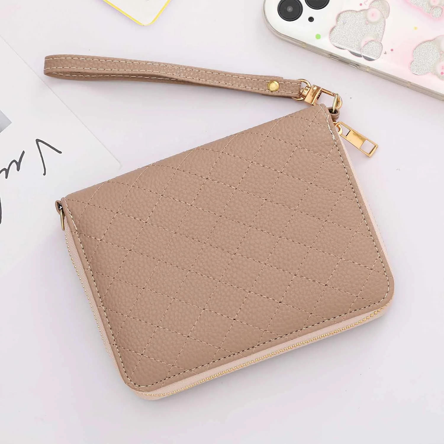 Hongbo Best Selling Gift 9-Color Gold-Ring A7 Pebble Quilted Leather Zip Budget Binder Wallet with Bracelet/Wrist Band Available