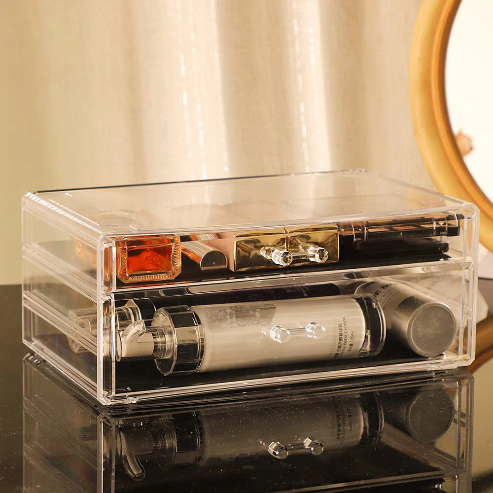 Stackable Clear Acrylic Makeup Storage Containers with 2 Drawers Cosmetic Storage Bins Case Box For Jewelry Hair Accessories