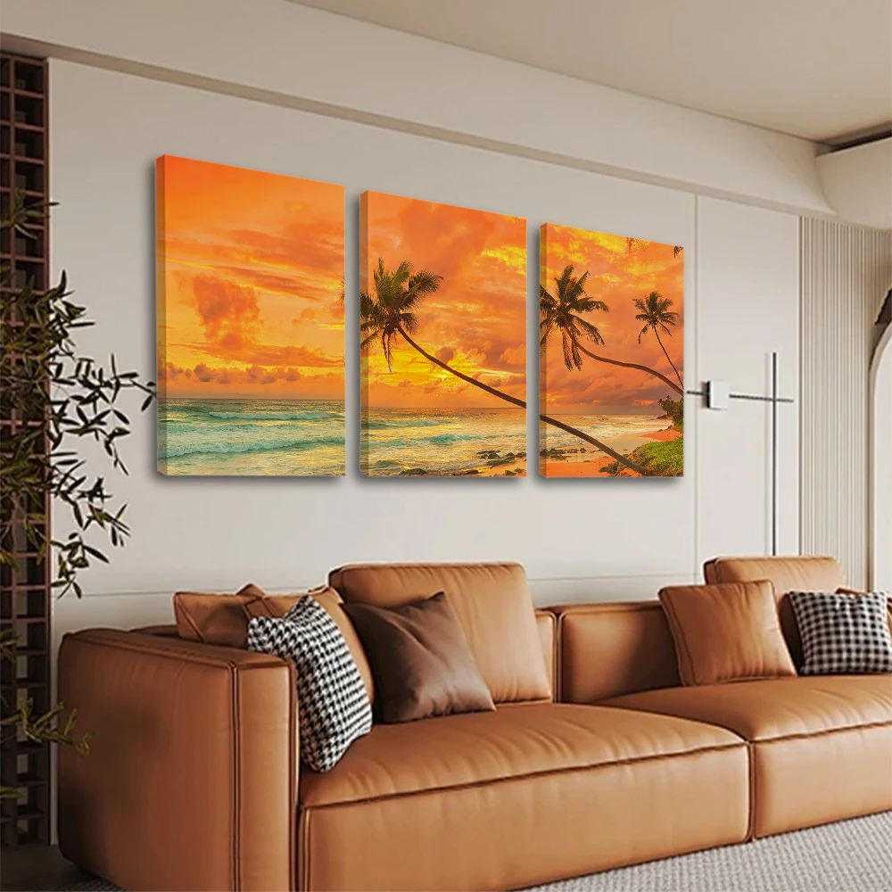 Modern Home Decor 3-Piece Set Watercolor Orange Seascape Sunset Coconut Tree Beach Canvas Wall Art Landscape Oil Painting Poster
