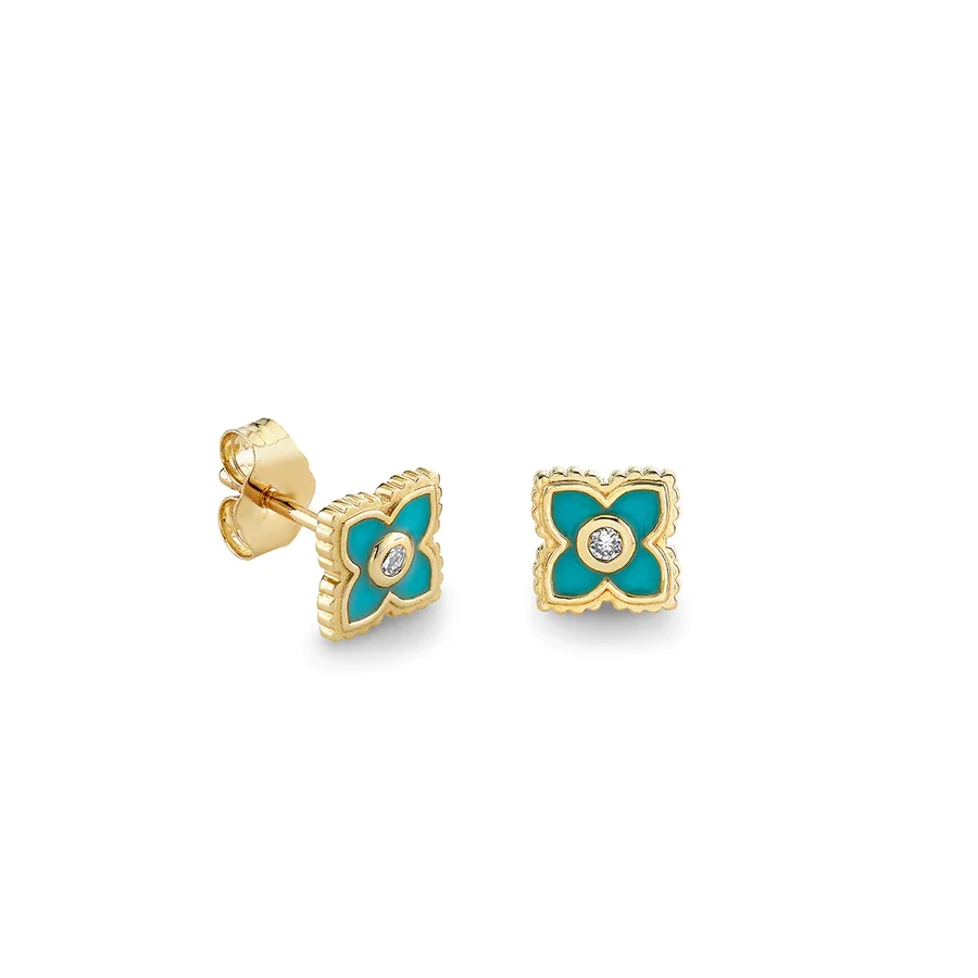 Newest Designed Turquoise Enamel Bezel Mini Stud Flower 925 Sterling Silver Earrings for Girls Jewelry