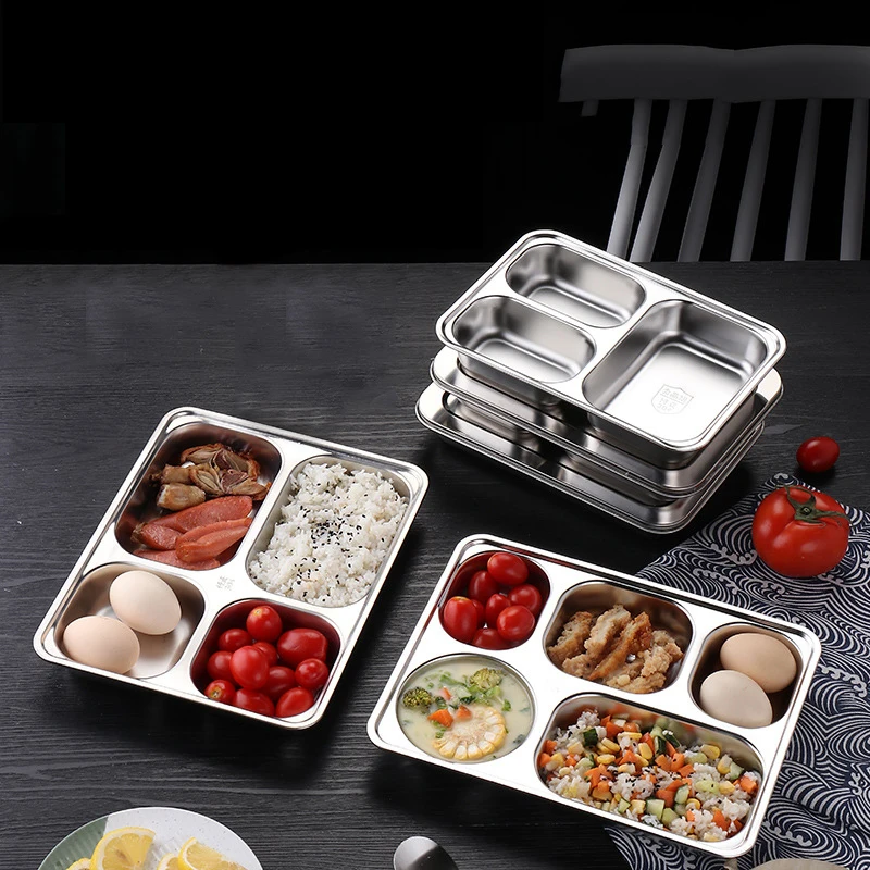 LIHONG 4 5 Compartment 18/8 Stainless Steel Plates Divide Food Lunch Plates Fast Food Box Container Tray For School