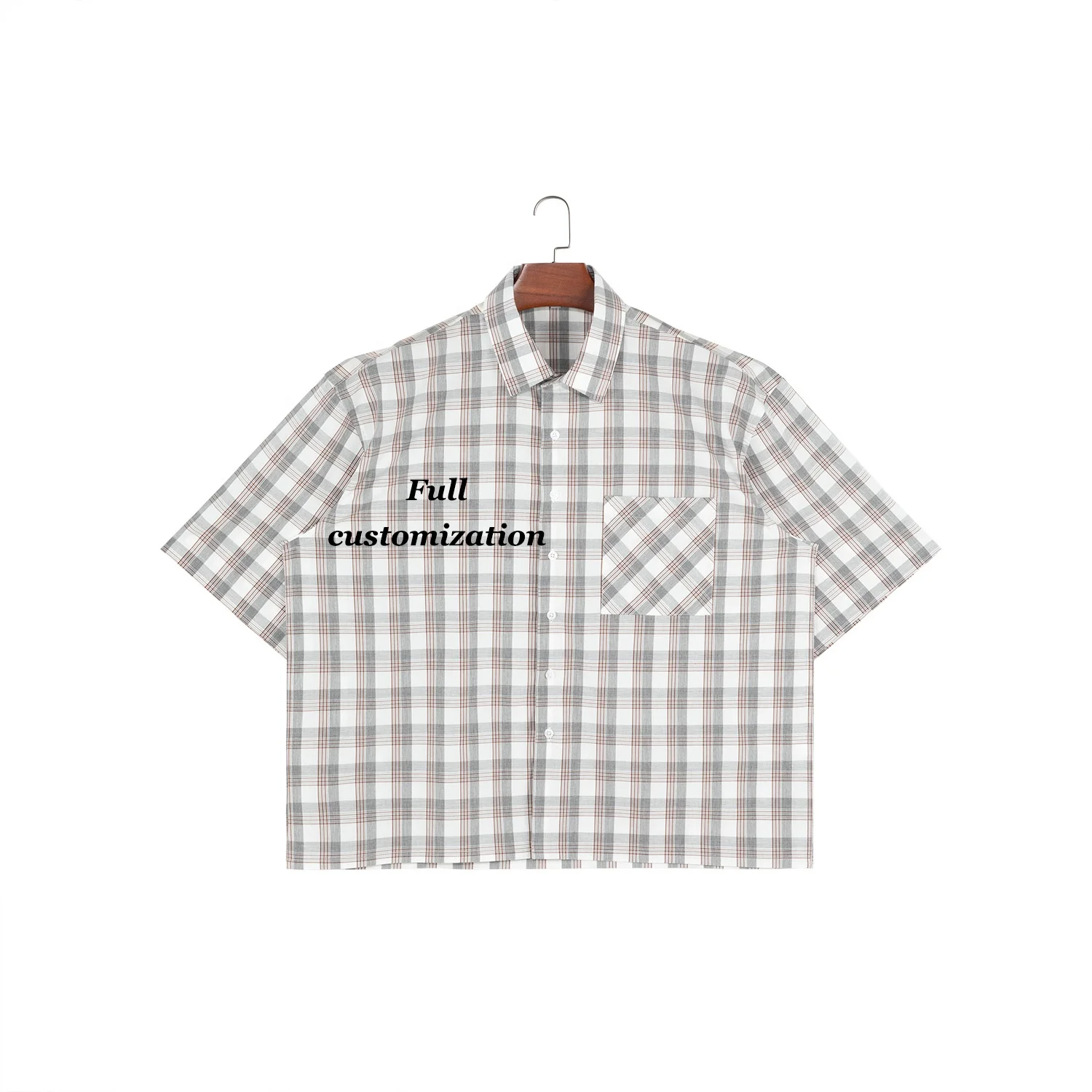 Custom Cargo Work Shirts Plaid Grey White Color Short Sleeve Square Collar Button Up Shirt For Men