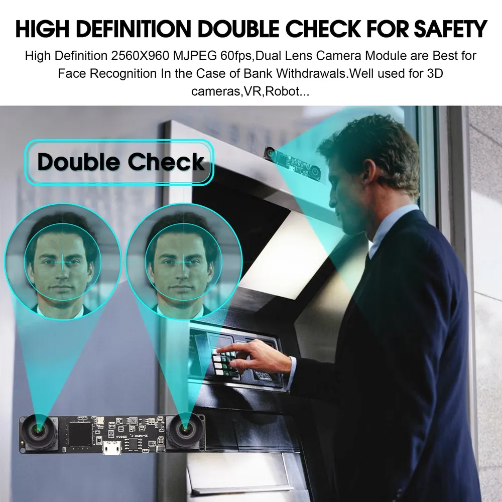 ELP 1.3megapixels OV9715 MJPEG 60fps Dual Lens PCB Board OEM Synchronous Stereo Camera USB For Robot VR Camera