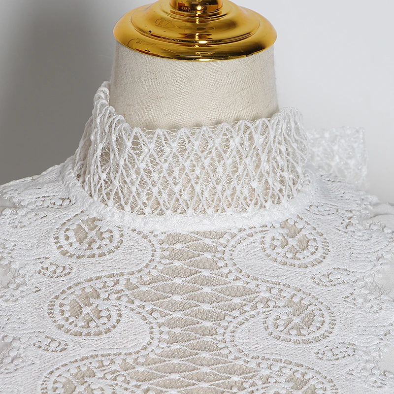 CHICEVER Puff Sleeve Tops Hollow Out Women Shirt Turtleneck Lace Up Crop Top 2020 Fashion Blouse