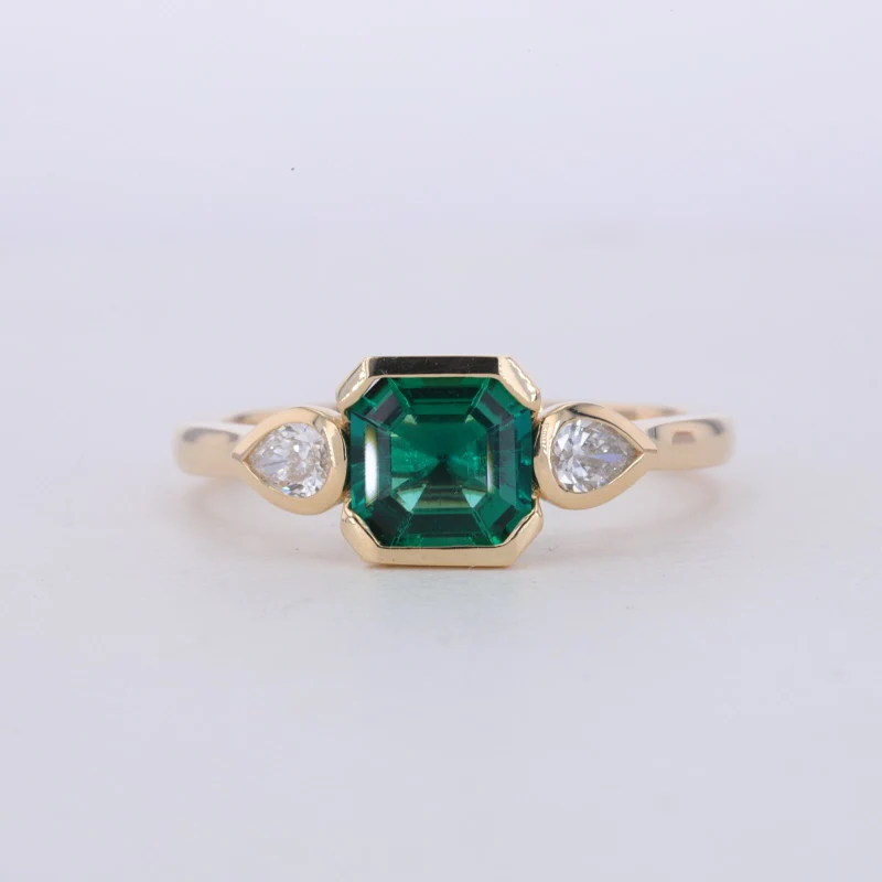 Fly Elephant three stone 7*7mm asscher cut zambian emerald 14k solid gold engagement ring