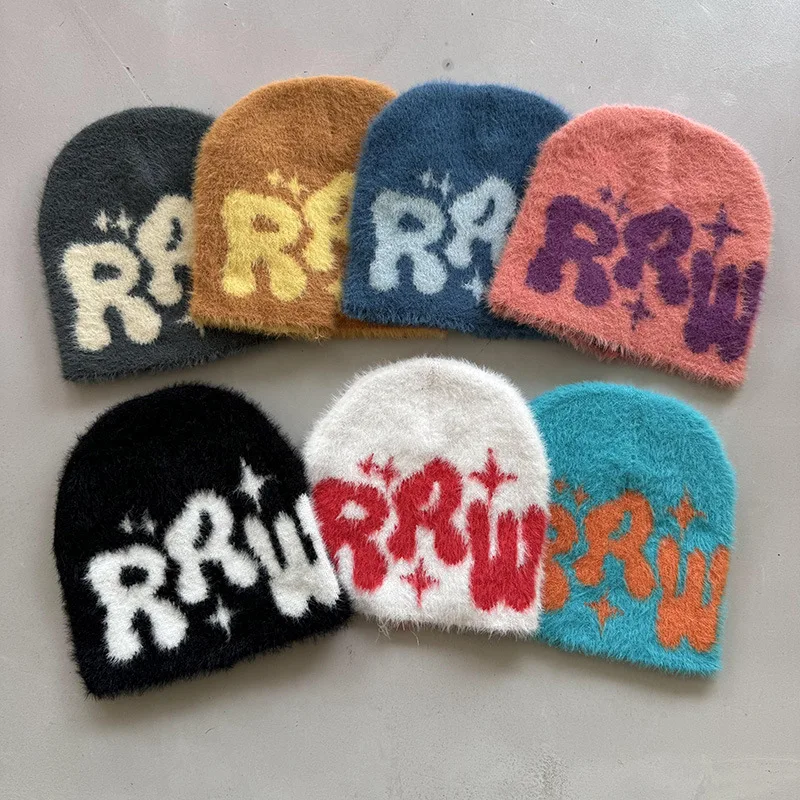 Hot Sale Wholesale Custom Logo Women Warm Y2K Beanie Hats Fuzzy Mohair Beanies For Winter Knitted Skull Cap