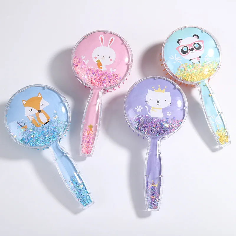 Cute Animals Cartoon Comb Shiny Paillette Poam Quicksand Children Hair Brush Long Handle Pony Rabbit Kids Hair Brush Hair Tools