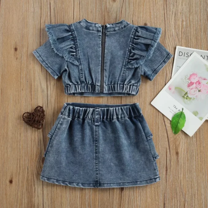 new ruffled design girls 2 piece shorts jumpsuits denim fabric  kids summer jean shorts dress set