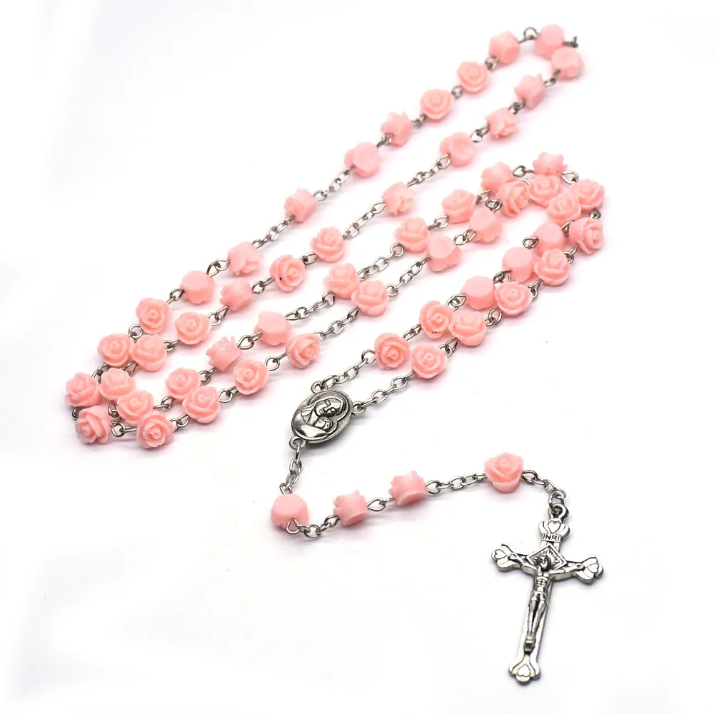 Cristianismo Cruzado Resin Rose Flower Rosary Necklace Virgin Mary Christ Cross Catholic Christian Prayer Beads