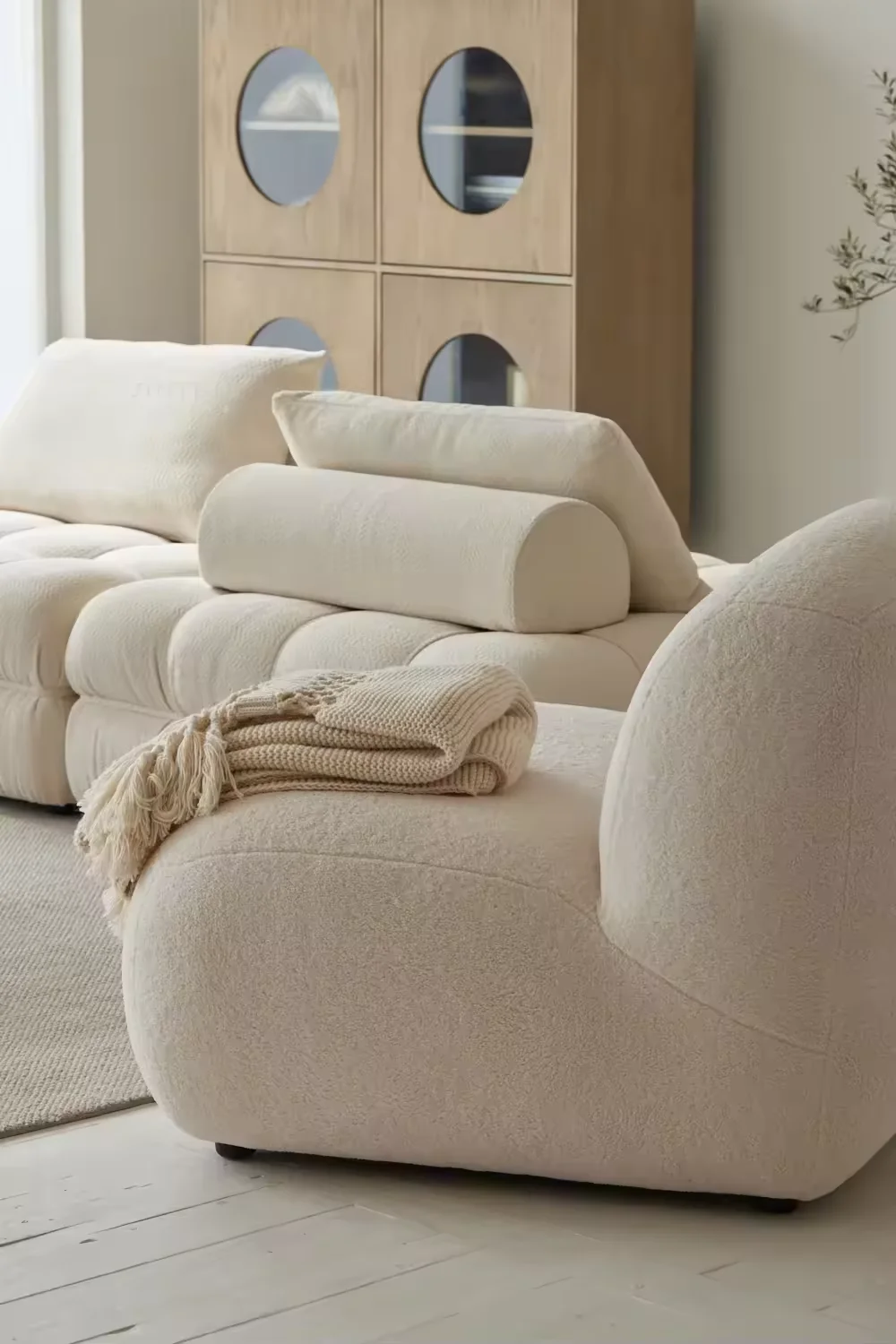 Modern Casual Leisure Single White Sheep Skin Fabric Sofa Chair Set Wabi-Sabi Geometric Pattern Hotels Villas Apartments Malls