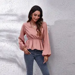 Bulk wholesale women clothing autumn lantern sleeve chiffon shirt for ladies Solid color waist V-neck long sleeves blouse 2022