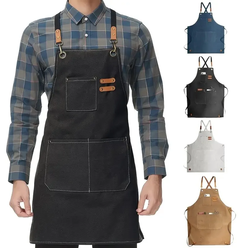 Perfect Chef Uniform Bib Kitchen Custom Apron Denim Cotton Barber Canvas Aprons Men Work Apron with Tool Pockets for Cooking