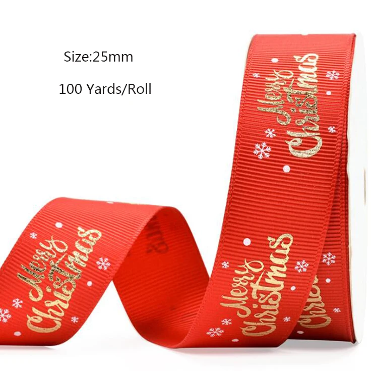 100yards/Roll  25mm Christmas Ribbon Printed  Grosgrain/Polyester Ribbon For Christmas Gift Packing Decoration