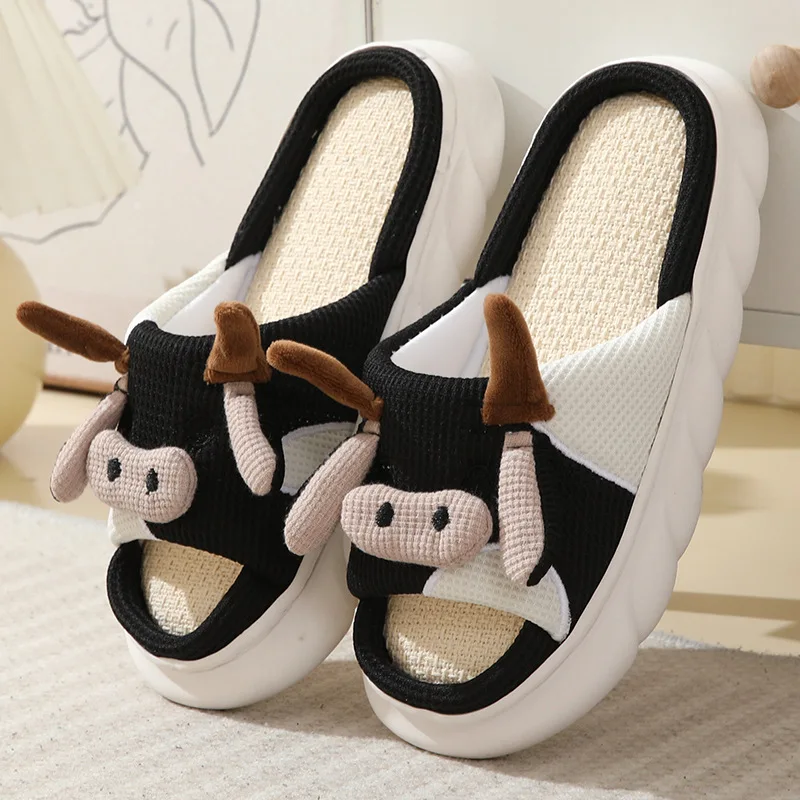 Cute Frog & Rabbit Indoor Linen Slipper Warm Winter Cotton Non-Slip Home Shoes for Women TPR Outsole