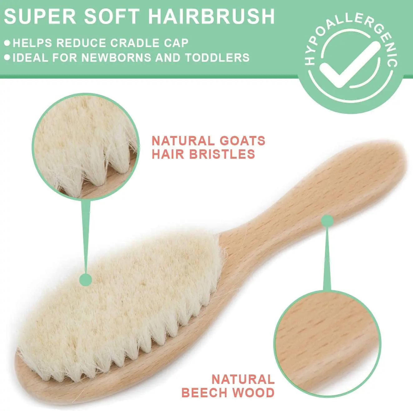 2023 Factory Direct Sale Natural Goat Bristles Baby Hair Brush Small Wood Newborn Brush Hair Baby Wooden Baby Brush And Comb Set