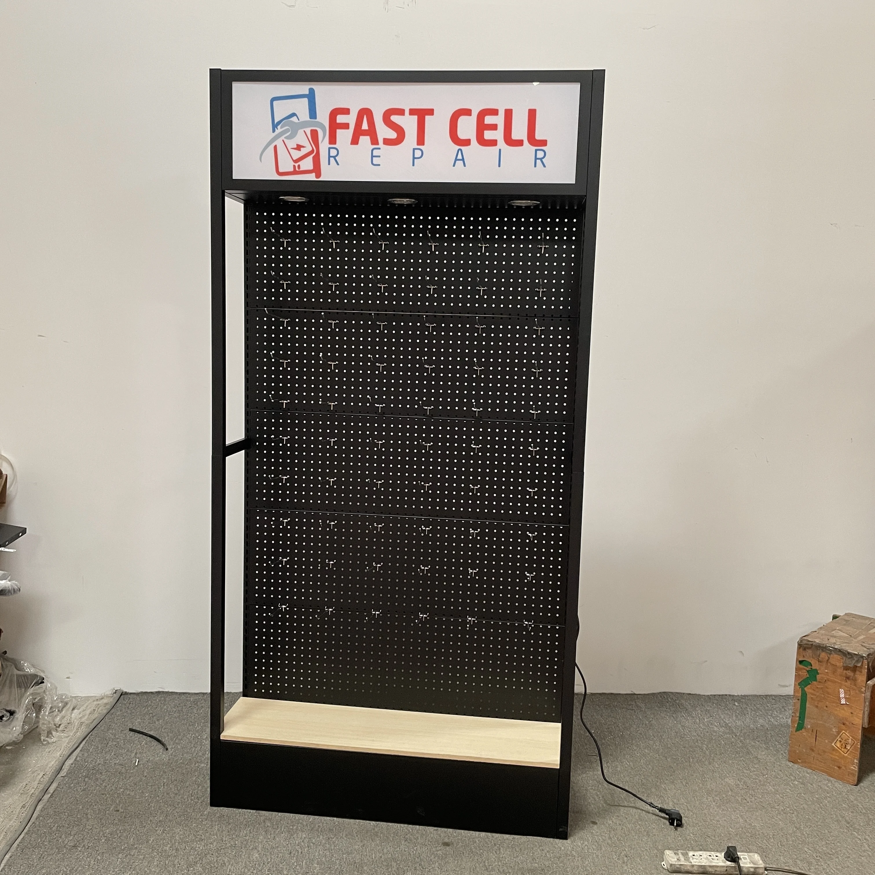 Mobile Phone Accessories Wall Iron Display Mobile Electronic Parts Steel Shelf Display Stand with Hooks