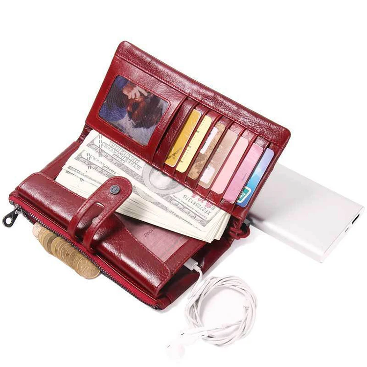 Multifunctional charger powerbank holder wallet ladies handmade long Clutch oil genuine leather rfid blocking long women wallet