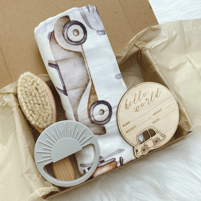 2 Layers 100% Organic Cotton Bamboo Newborn Headband Beanie Hat Muslin Wrap Baby Swaddle Blanket CustomShower Gift Set