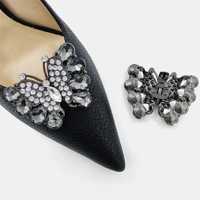 2024 Factory hot sell style alloy with bling rhinestone women high heel black metal color butterfly shoe buckle hardware