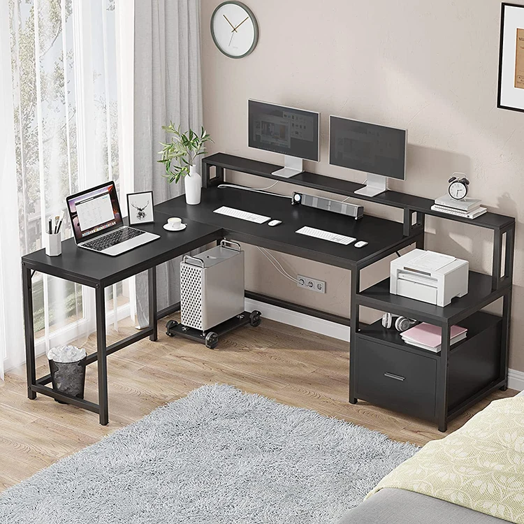 Vekin Office Furniture Wood Big Computer Table L Shape Larger Corner Computer Desk Black Laptop PC Study Desk  with Shelves