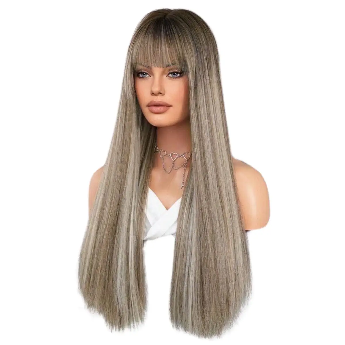 Anxin fashion Long Straight Highlight Blonde Grey Heat Resistant Fiber Wigs
