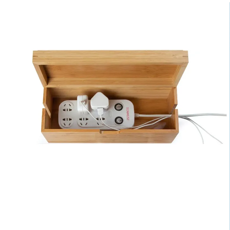 Bamboo Cable Management Power Cord Storage Box Cord Organizer Phone Charging Station