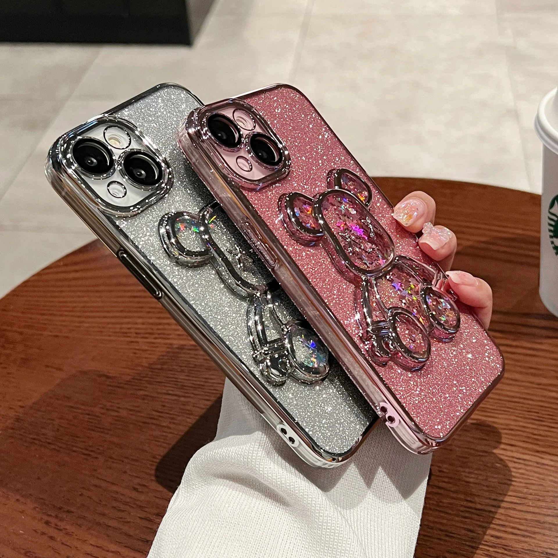 WOWCASE glitter with lens protector bling Electroplated Bear TPU Back Cover Phone Case for iPhone 14 13 12 11 Pro Max 7 8 plus