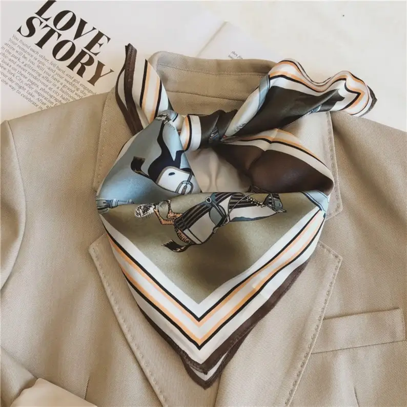 Custom Printed Wholesale Western Lifestyle Vintage Cowgirl Ladies Square Neckerchief Satin Silk Scarf for Women