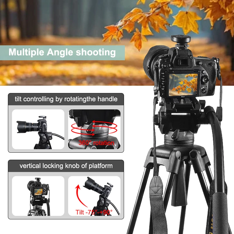 OEM Photography Camera 1.8m Professional Heavy Duty  Aluminum Alloy Camera Video Tripod with Panoramic Fluid Damping Head