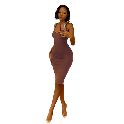 New Trend Women Clothing Ribbed Spaghetti Strap Low V-neck Midi Dress Backless Black Sexy Bodycon Dress Women