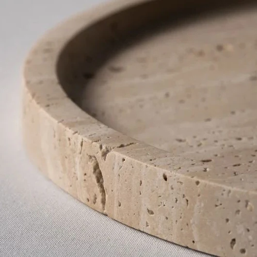 Modern Decorative Beige Round Real Travertine Marble Vanity Tray for Perfume Candle Jewelry Dish Small Things