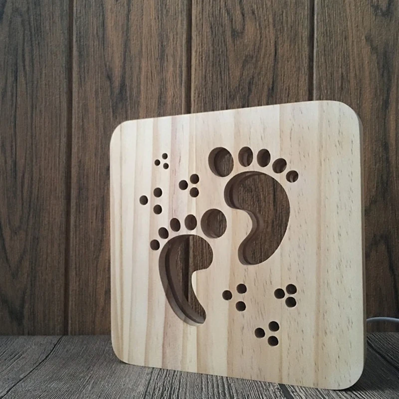 Creative Wood Lamp LED Night Light 3D Wood Carving Foot Sign Pattern USB Port Mood Lamp