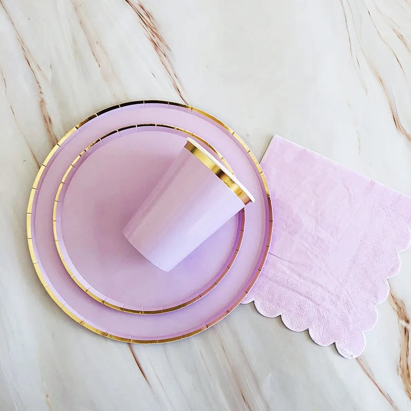 Bronzing Decagonal Party Purple Paper Plates Cups Napkins Disposable Tableware Set For Birthday Baby Shower Party Decoration