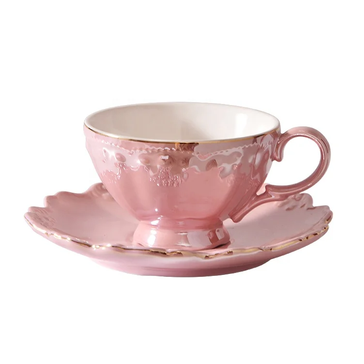 Royal Design Pink Color Drinkware Gold Rim Ceramic Coffee Mug Saucer Pot Set Custom Tea Cup Set