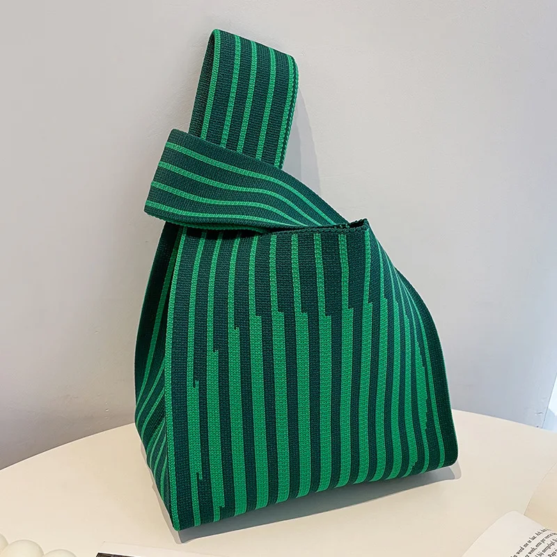 Retro Plain Solid Color Handheld Knitted Bag Wrist Bag Korean Style Small Striped Bag Versatile Knitting Handbag for Women
