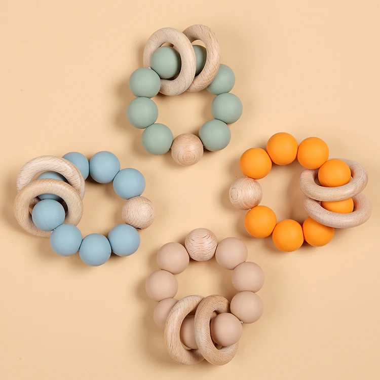Изготовленный На Заказ моющийся силиконовый Прорезыватель деревянный круглый детский Прорезыватель для зубов браслет с бусинами