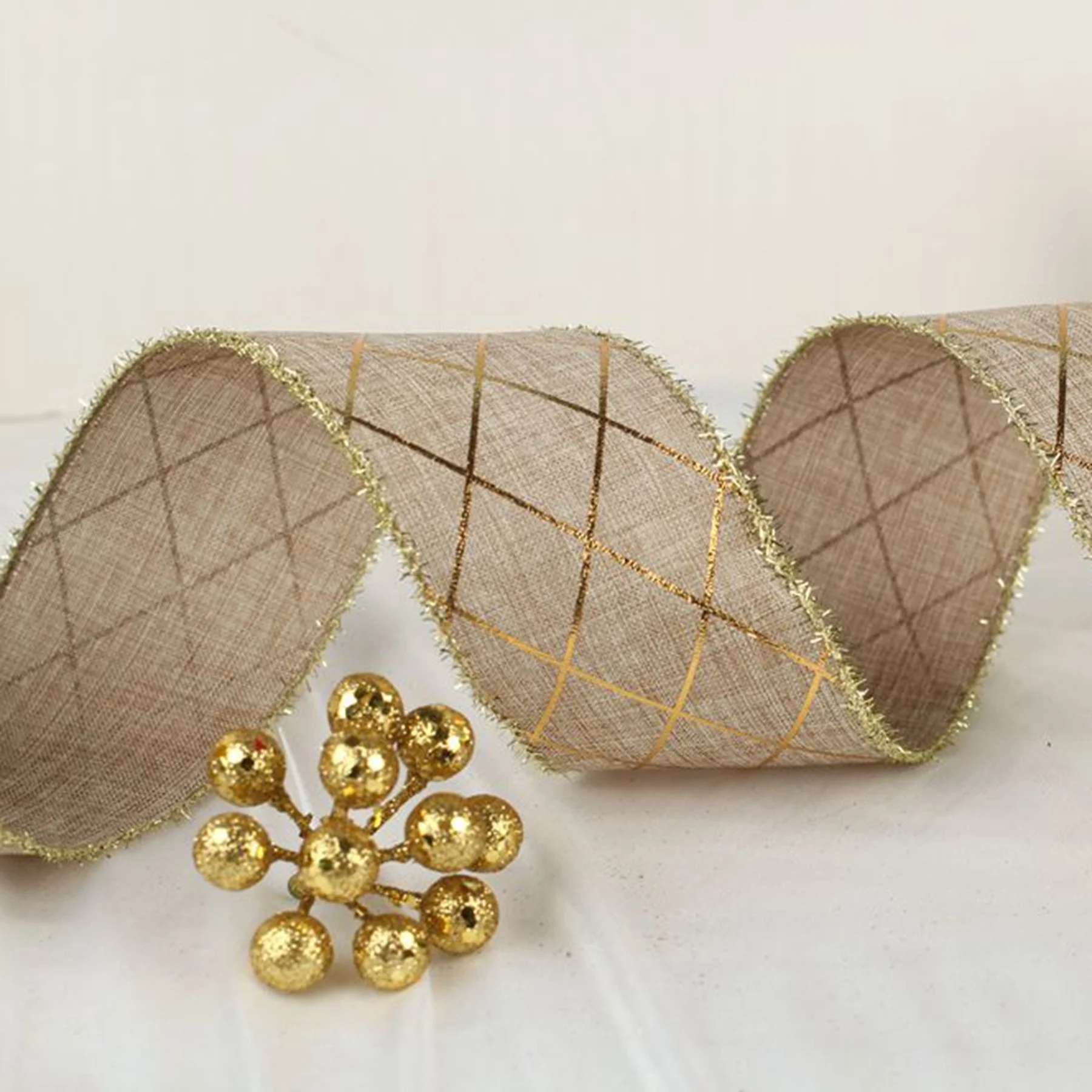 Custom Wired glitter edge christmas gold satin natural burlap ribbon for decoration