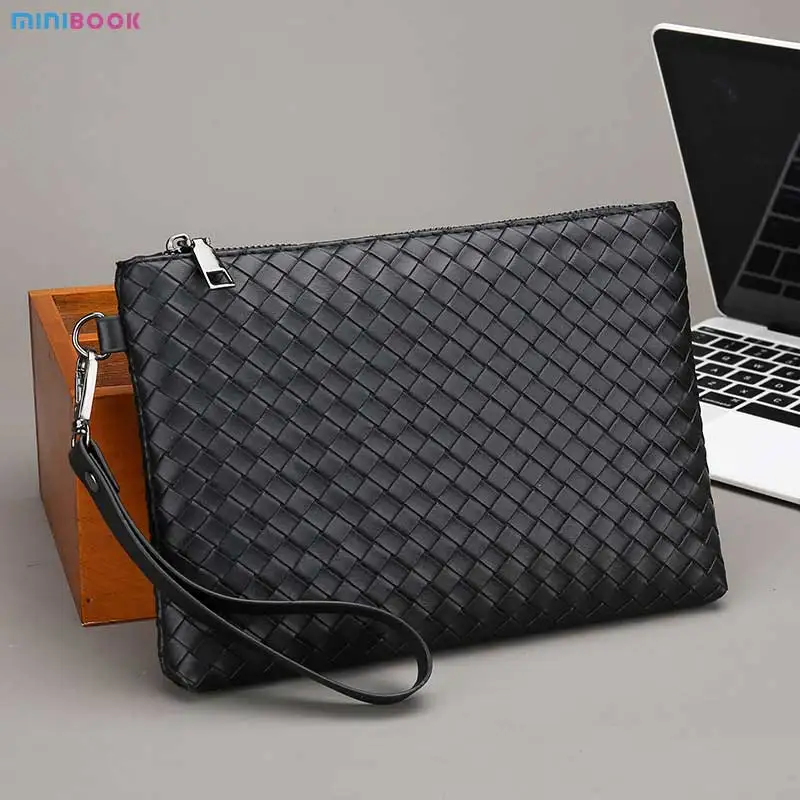 Fashion Men Super Fiber Leather Woven Handbag High Quality Large Capacity Business Casual Handbag Multi Pocket Hand Bag For Men