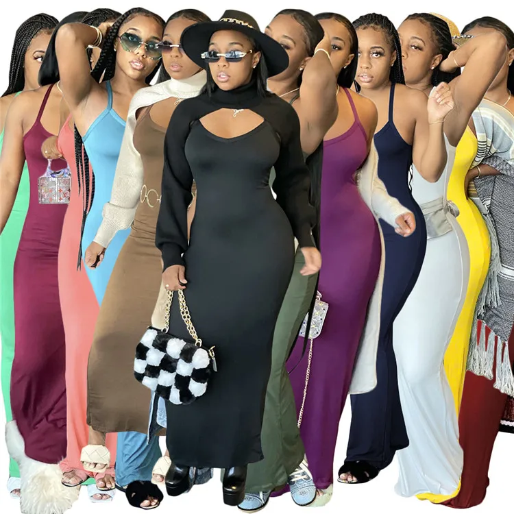 2021 Summer Sexy Elegant Ladies Clothing Solid Color Street Wear Slip Women Long Dress