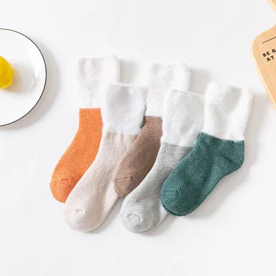 Autumn Winter Mink Cotton Plain Color Winter Fuzzy Warm Tube Women Sweet Socks