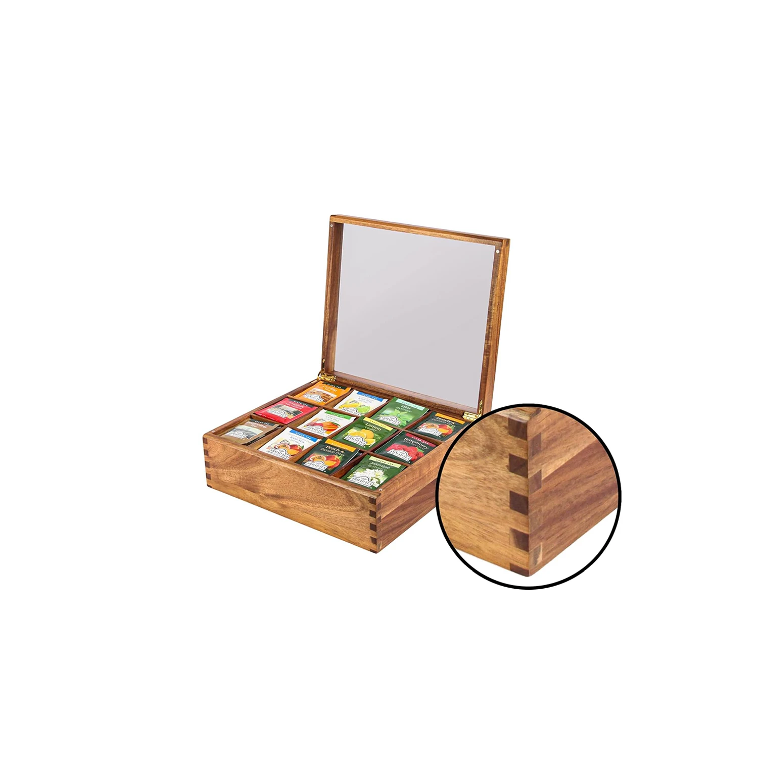 Multi-Functional Tea Bag Storage 12 Compartments Acacia Wood Tea Organizer Box