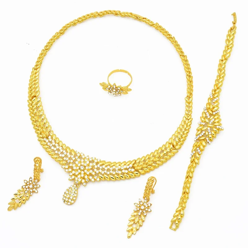 Wholesale Middle East Bridal Wedding Dubai 24k Gold Plated Jewelry Sets Bracelet Earrings Ring Necklace Jewelry Set For Woman