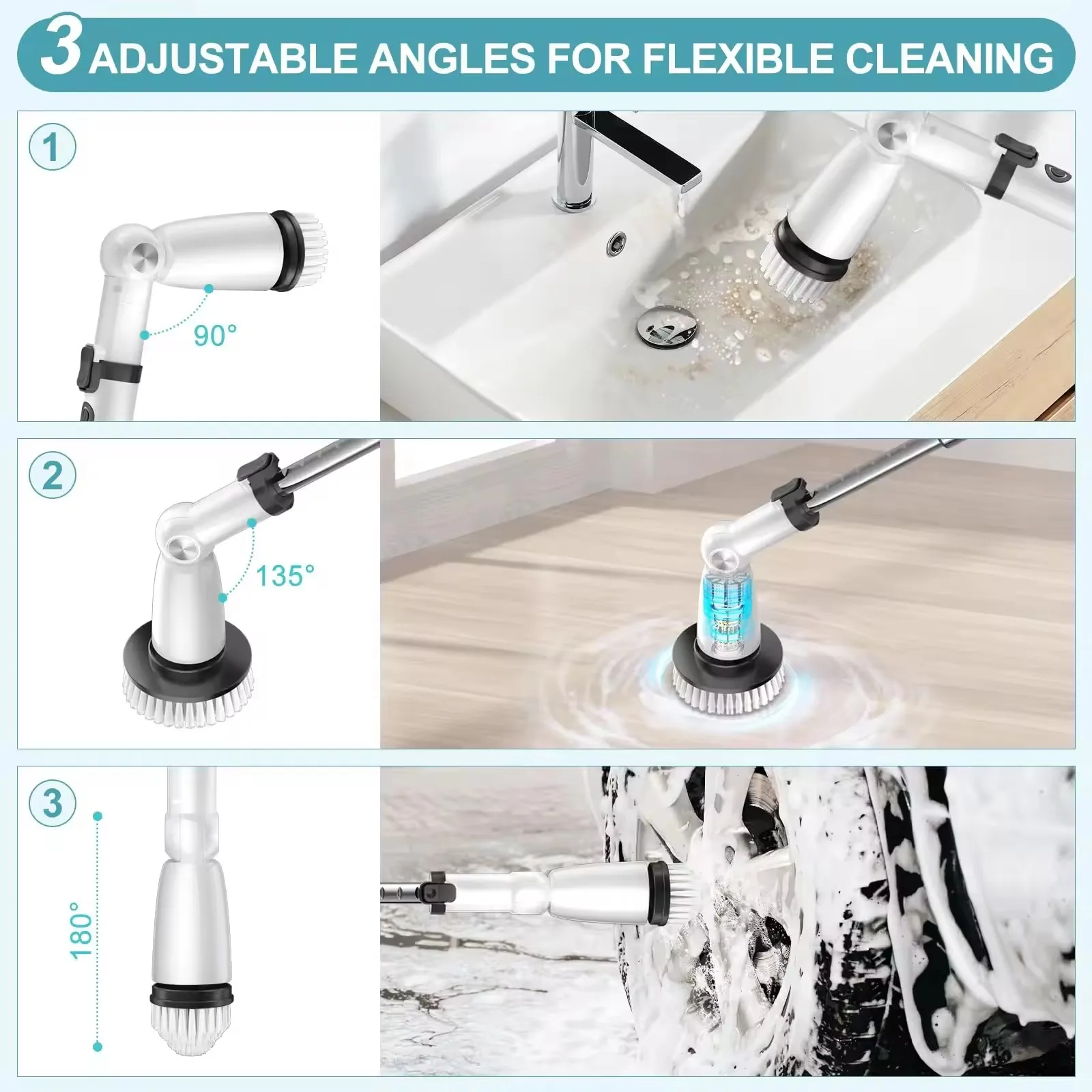 Electric Spin Scrubber Cordless Bath Tub Power Scrubber with Long Handle & 7 Replaceable Head for Bathroom and Tile Floor